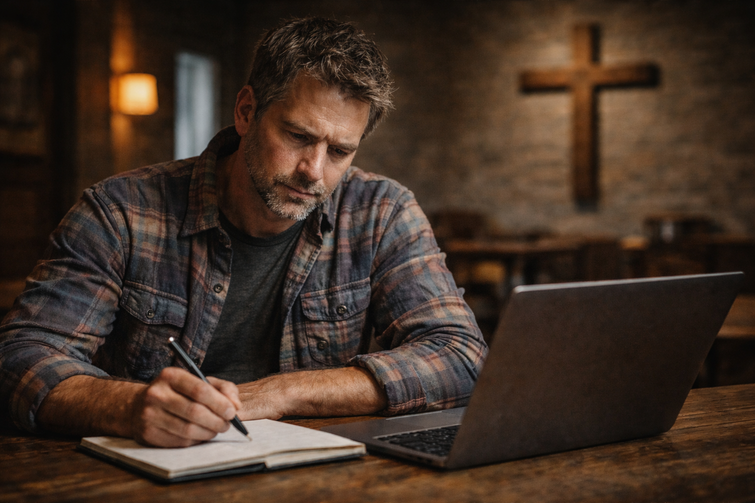 A focused pastor sitting at a desk with a laptop and notebook, analyzing his church's discipleship strategy to identify ministry gaps.